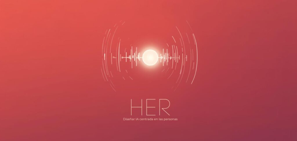 Onda sonora luminosa sobre fondo coral cálido, representando la voz de una IA, con el título "HER" y el subtítulo "Diseñar IA centrada en las personas"