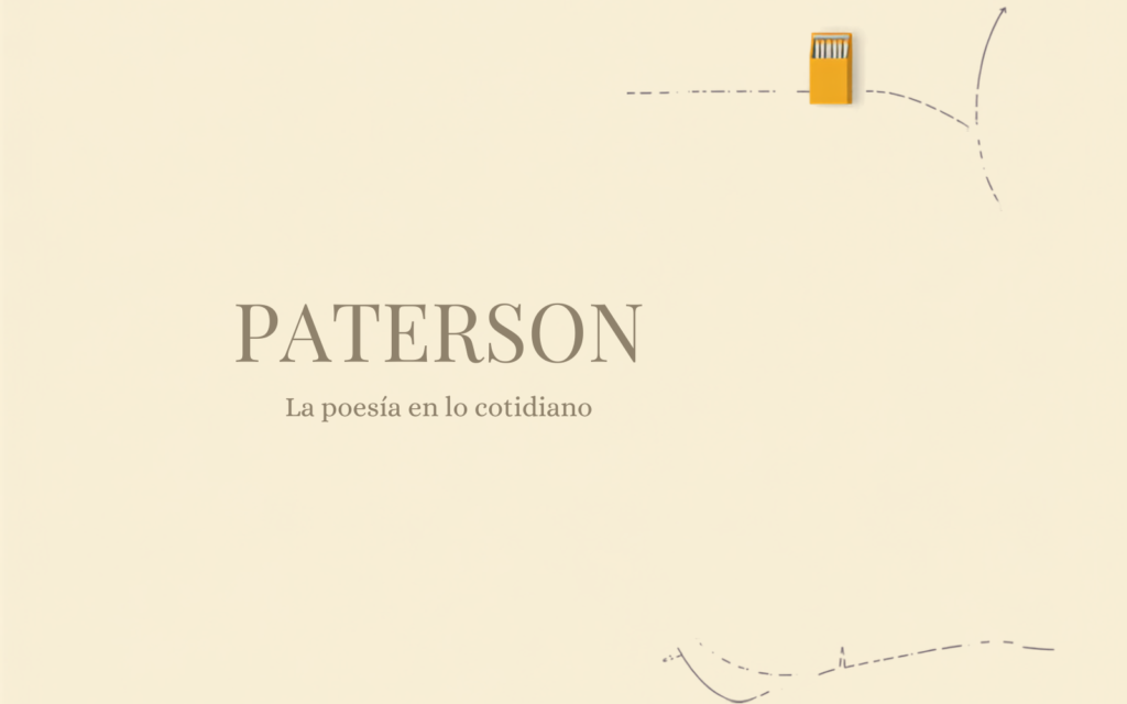 Ilustración minimalista con caja de fósforos y líneas de ruta punteadas, título "Paterson" y subtítulo "La poesía en lo cotidiano"